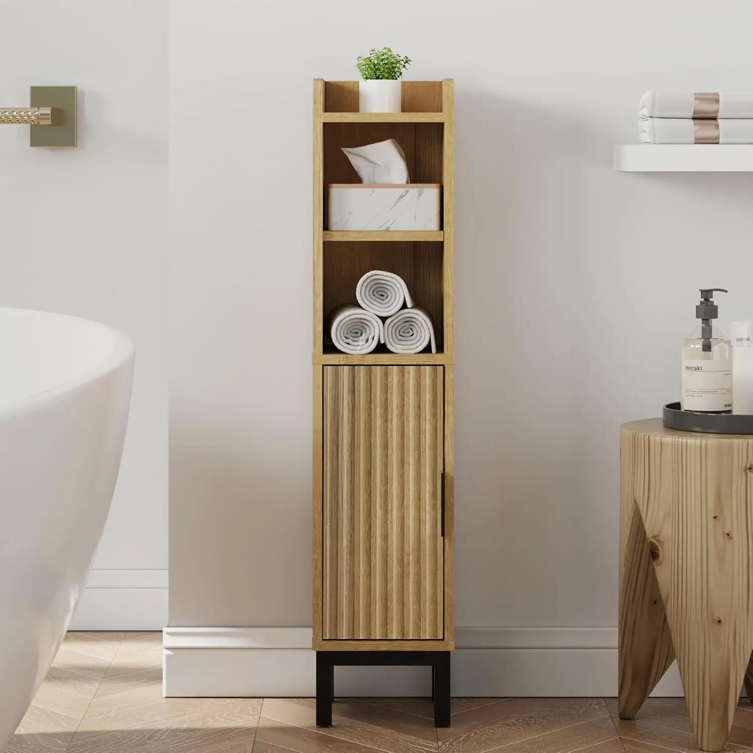 

Narrow Bathroom Storage Cabinet with Door and Adjustable Shelves for Small Spaces, Tall Corner Toilet Paper Organizer, Oak