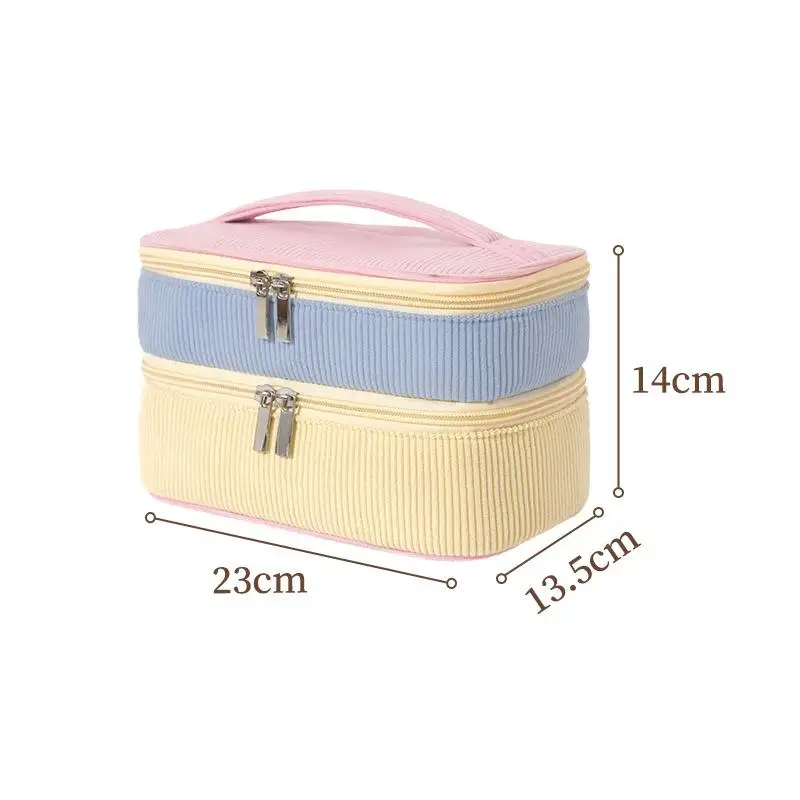 Doppellagige, tragbare Kosmetiktasche aus Cordstoff mit großem Fassungsvermögen und Fächern zur Aufbewahrung von Pinseln, ideal für Reisen und als praktischer Organizer für die tägliche Kosmetik. – Detail 8