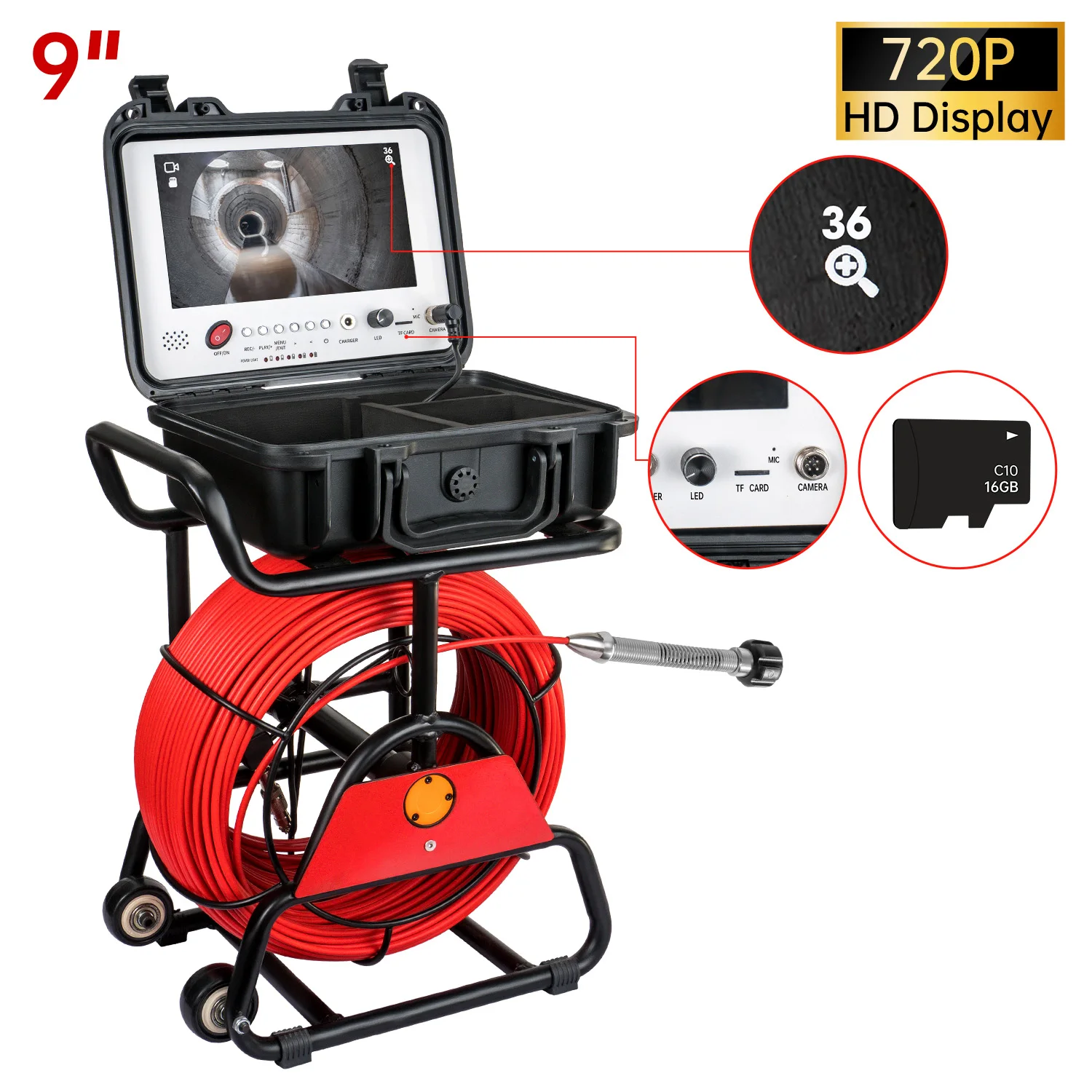 

Sewer Drain Self-leveling+512HZ Sonde+Locator Pipe Inspection Camera Endoscope 9Inch HD Screen 5MM Cable 16GB DVR
