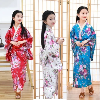 Çocuk Kimono Geleneksel Japon Tarzı Çiçek Yukata Elbise Çocuklar Obi Vintage Samuray Cadılar Bayramı Cosplay Kostüm Haori Kıyafet
