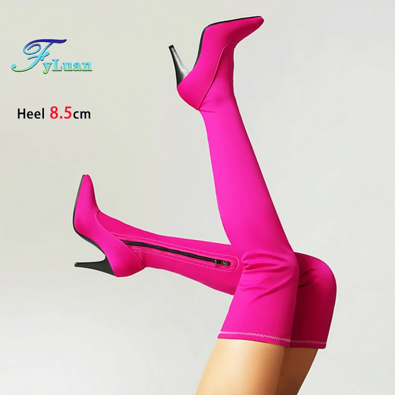 

Носки выше колена, сапоги из эластичной ткани, сексуальные тонкие женские ботинки с острым носком, большие размеры 48, женские туфли на тонком каблуке 8,5 см