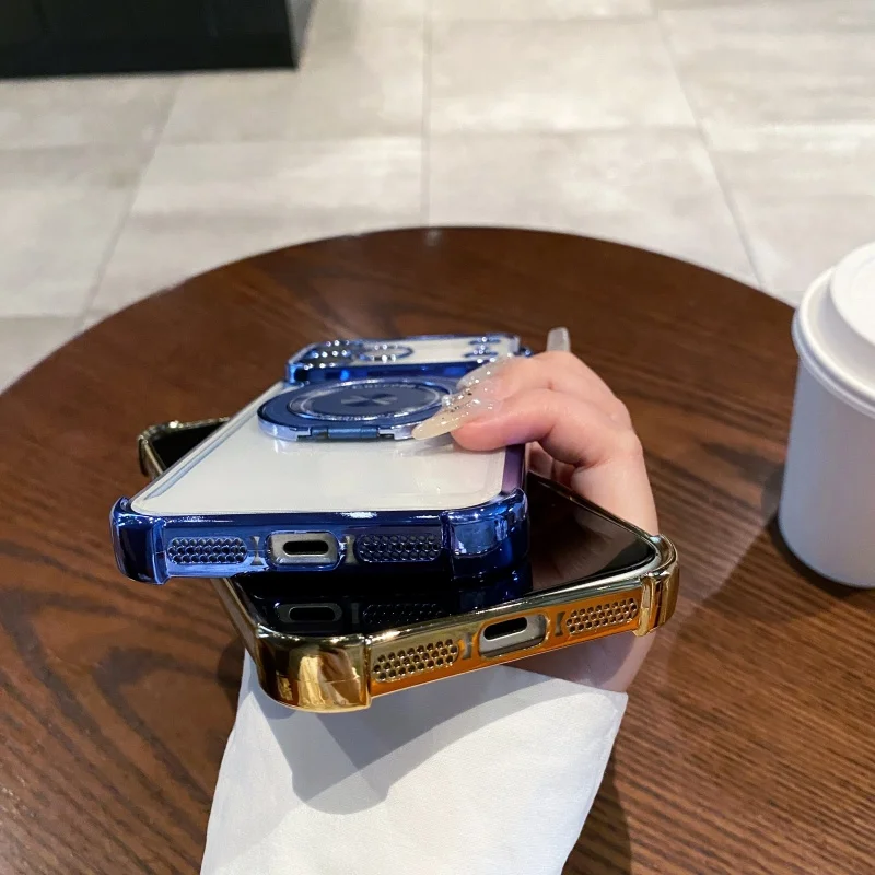 Luxury Transparent Magnetic Phone Case For iPhone 17 Air 13 14 15 16 17 Pro Max 11 12 With Ring Stand Plating Soft Case - Image 4