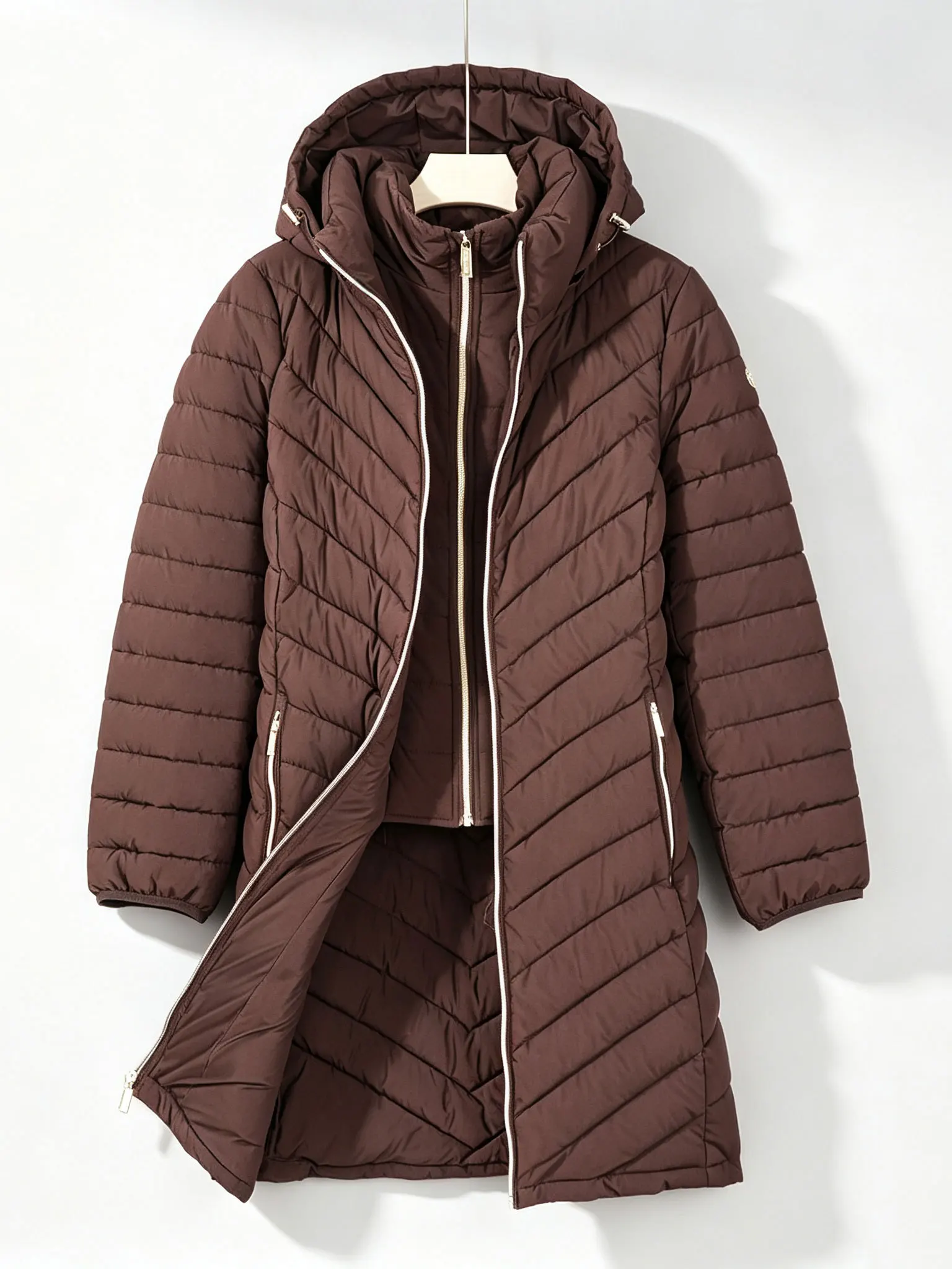 Warmth Filled Cotton Jacket Women's Mid-Length Hooded Baffle Pattern Slimming Coat Casual Style Standard Fit Zipper Closure
