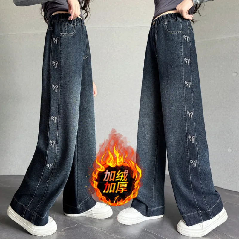 Girls Warm Thick Jeans Autumn Winter Kids Bow Design Trousers Teen Children's Fleece Lined Loose Wide-leg Denim Pants
