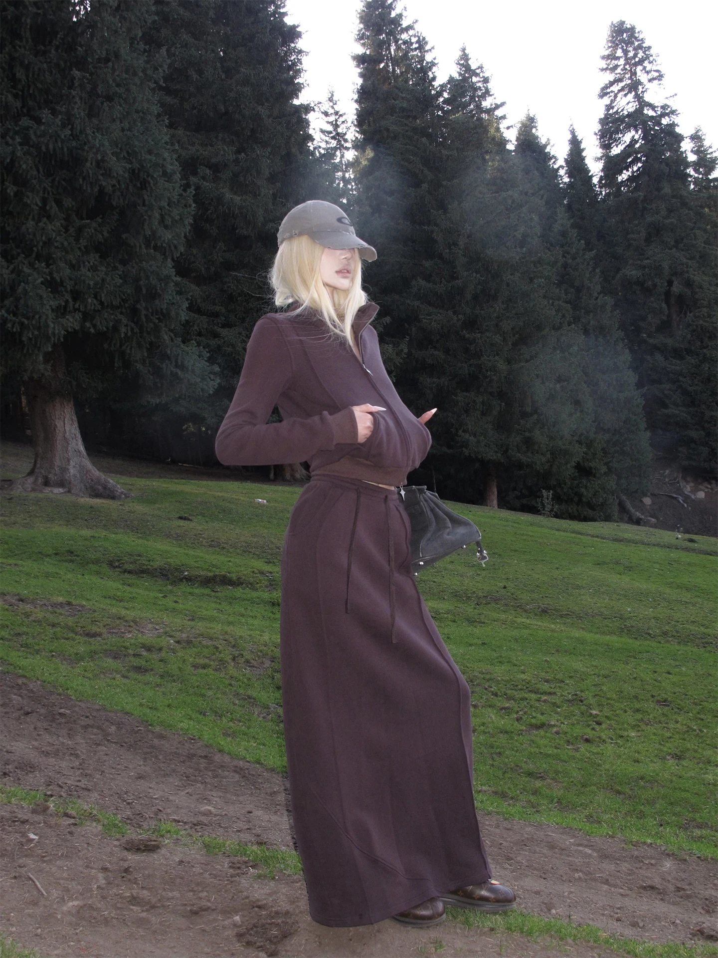 

Rase Le Sol 'Purple Verse' Dark Purple Zipper Hoodie Skirt Set Women's Fashion Autumn Spring Slim Fit Short Length Pure Color