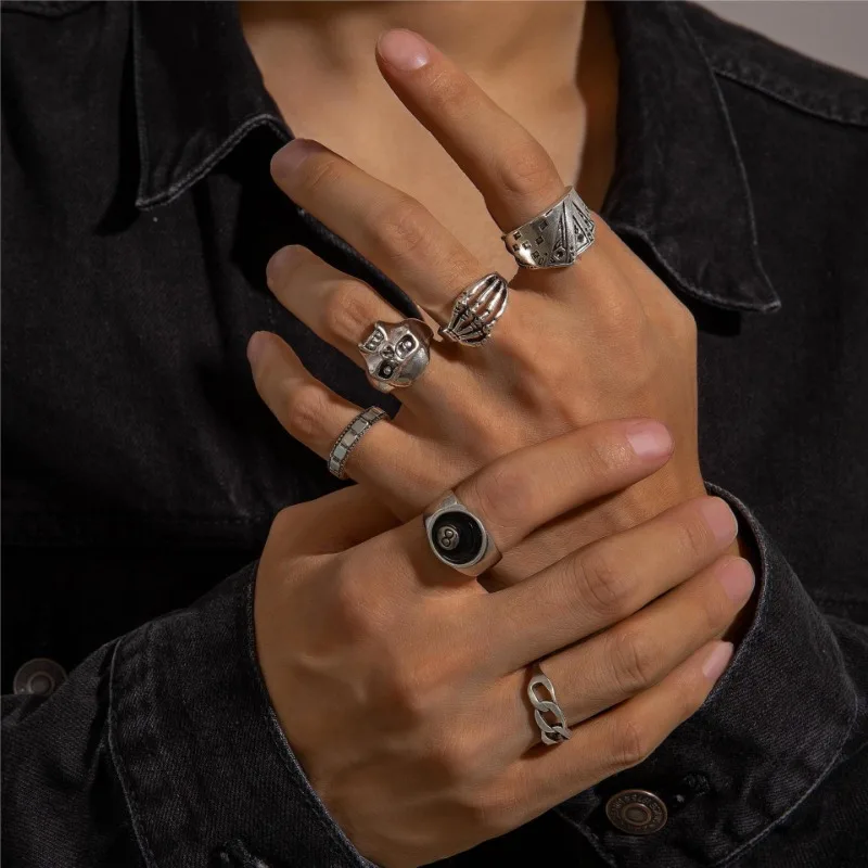 4Pcs Retro Simple Stainless Steel Opening Adjustable Wide Ring Men's Gothic Pattern Metal Ring Casual Jewelry