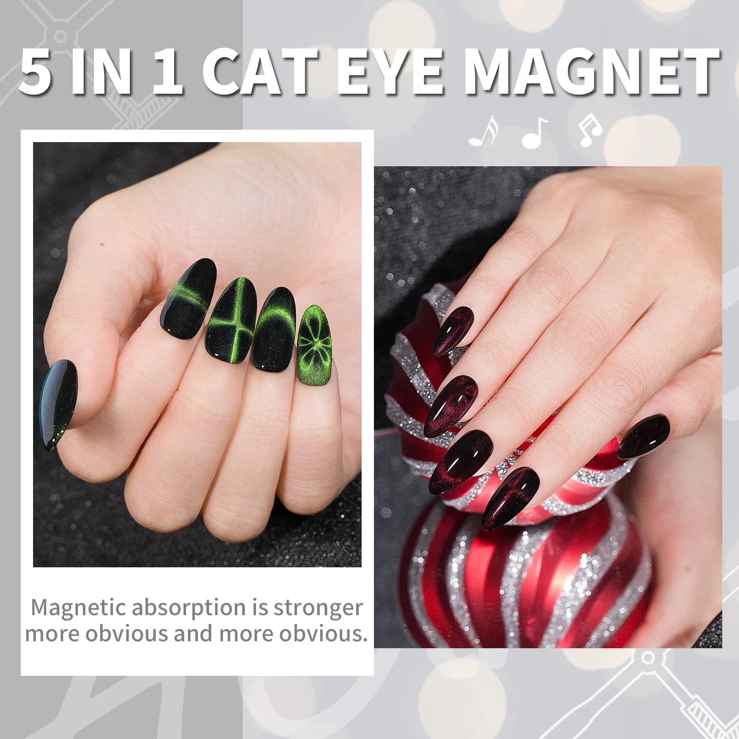 Imán de ojo de gato elegante 5 en 1, imán fuerte en forma de cruz negro, pegamento para esmalte de uñas de ojo de gato multifuncional, herramienta artística de uñas de piedra de hierro