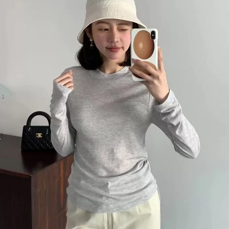 Camiseta coreana Sle redonda Ne Long Sve, capa Base para mujer, Color puro, Top transparente Sexy ajustado para otoño, recién llegado