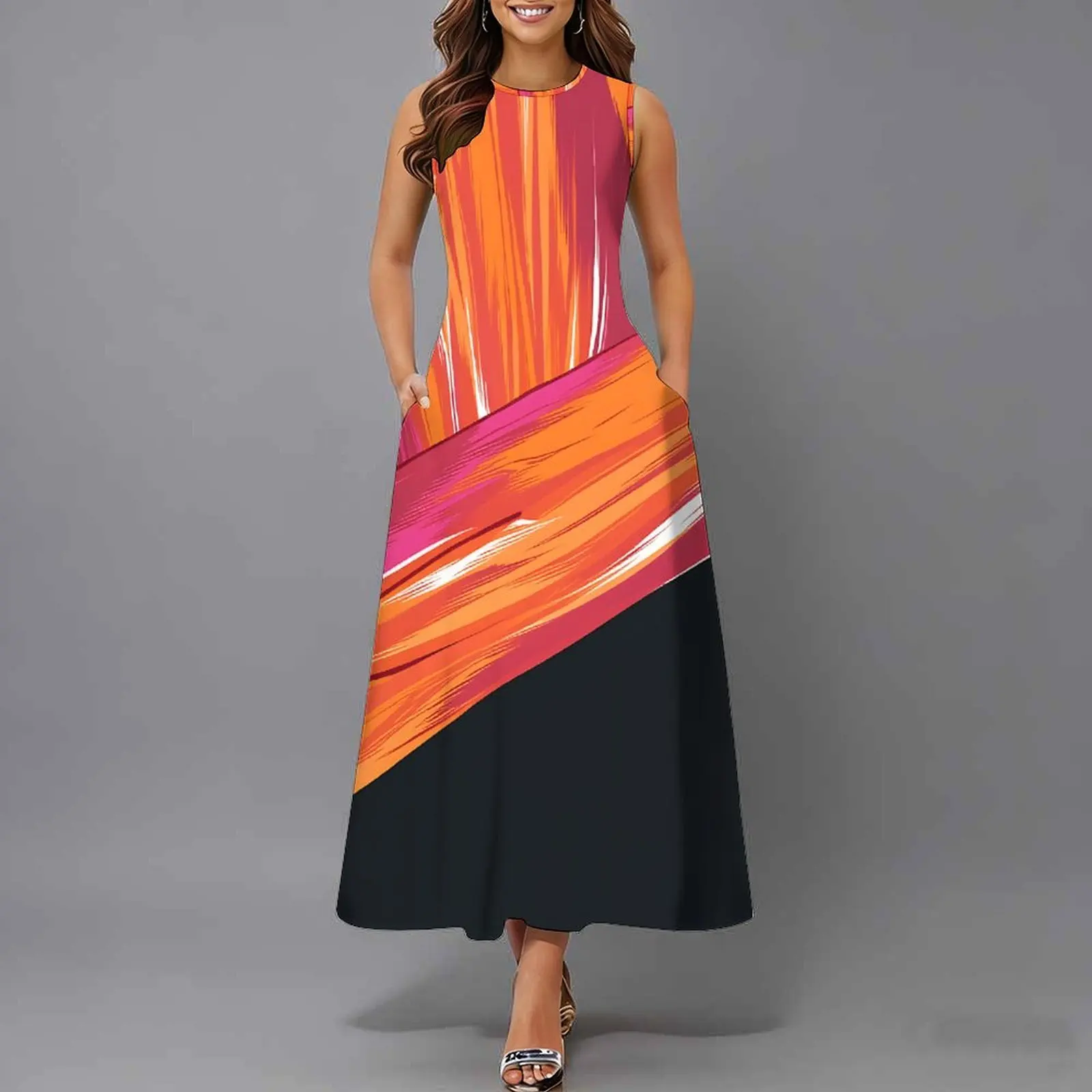 Women Sleeveless Long Maxi Dress With Pockets 3D Oil Painting Print Casual Loose Summer Vacation Party Sundress