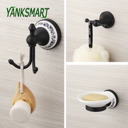 YANKSMART Black Bathroom Towel Hook Brass Wall Mounted Robe Coat Hanger Stainless Steel W/ Ceramics Hardware Accessories Set