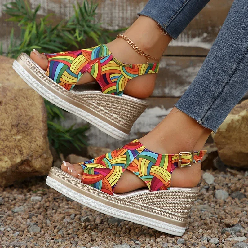 Rainbow Graffiti Wedge Heels Sandals for Women Summer 2025 Peep Toe Platform Sandals Woman Buckle Strap Thick Bottom Beach Shoes
