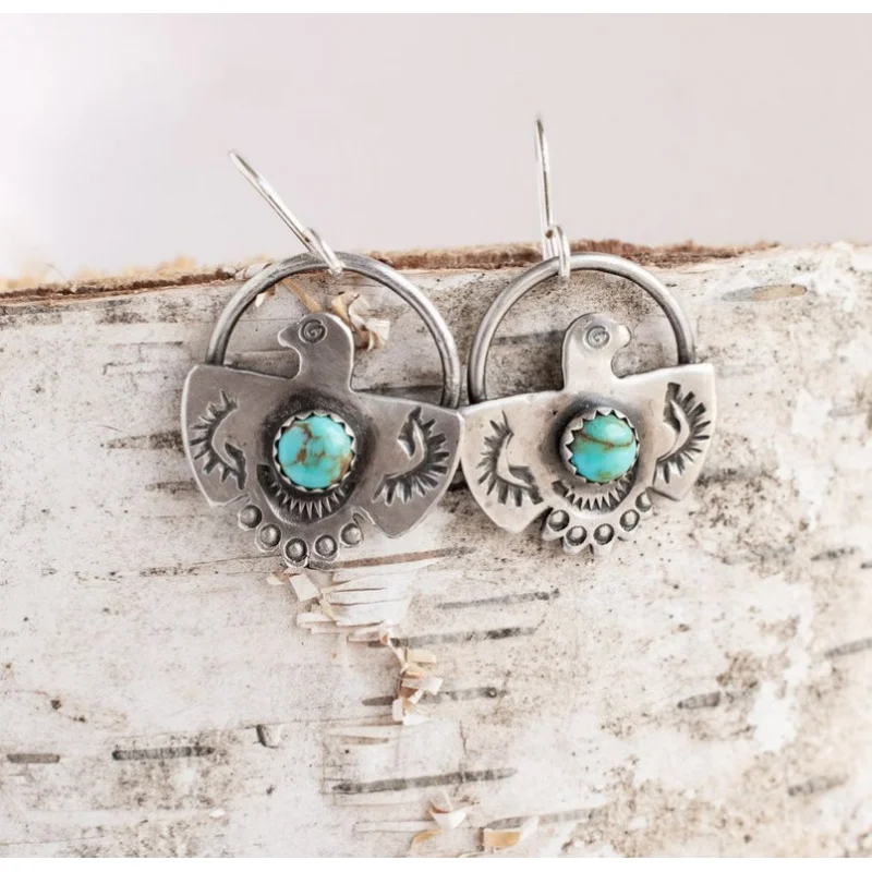 European American Style Retro Unique Eagle Charm Mom Earrings Bohemian Style Turquoise Inlaid Women's Studs Wholesale