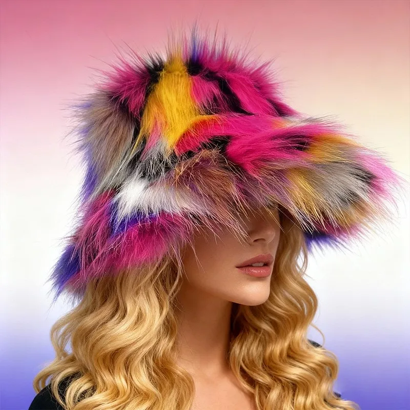 Fisherman's hat with a large brim autumn and winter women's gradient color outdoor warm fur basin