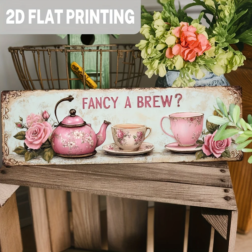 1pc 2D Classic Fancy a Brew? Wooden Sign Pink Floral Tea Pattern Wall Art Vintage Wall Decor for Kitchen, Dining Room