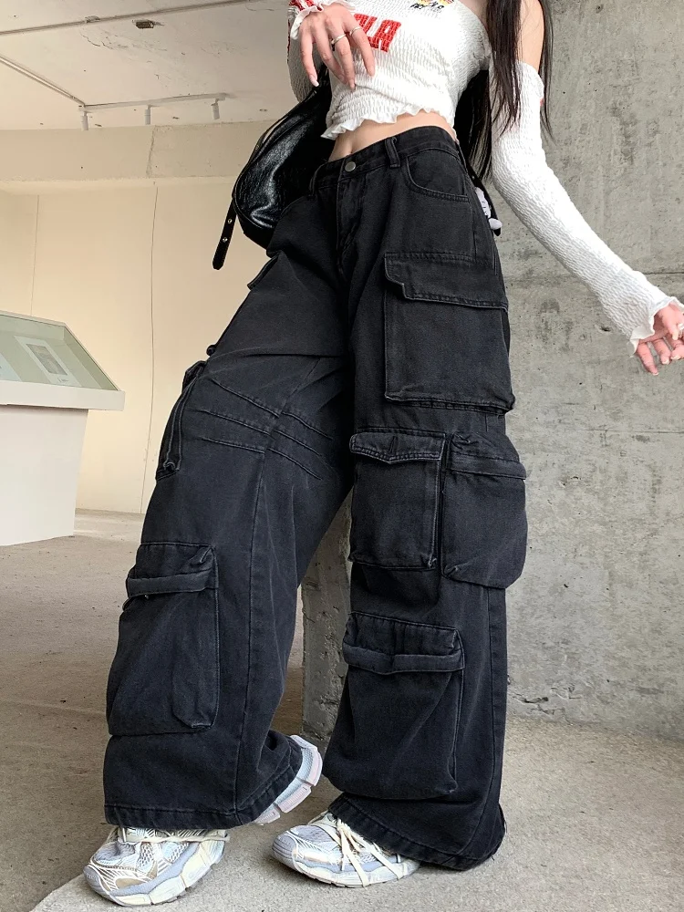 Trashy Y2K 2000S Streetwear Washed Black Baggy Jeans Cargo Pants For Women Clothes Multi Pockets Wide Leg Gothic Lady Trousers