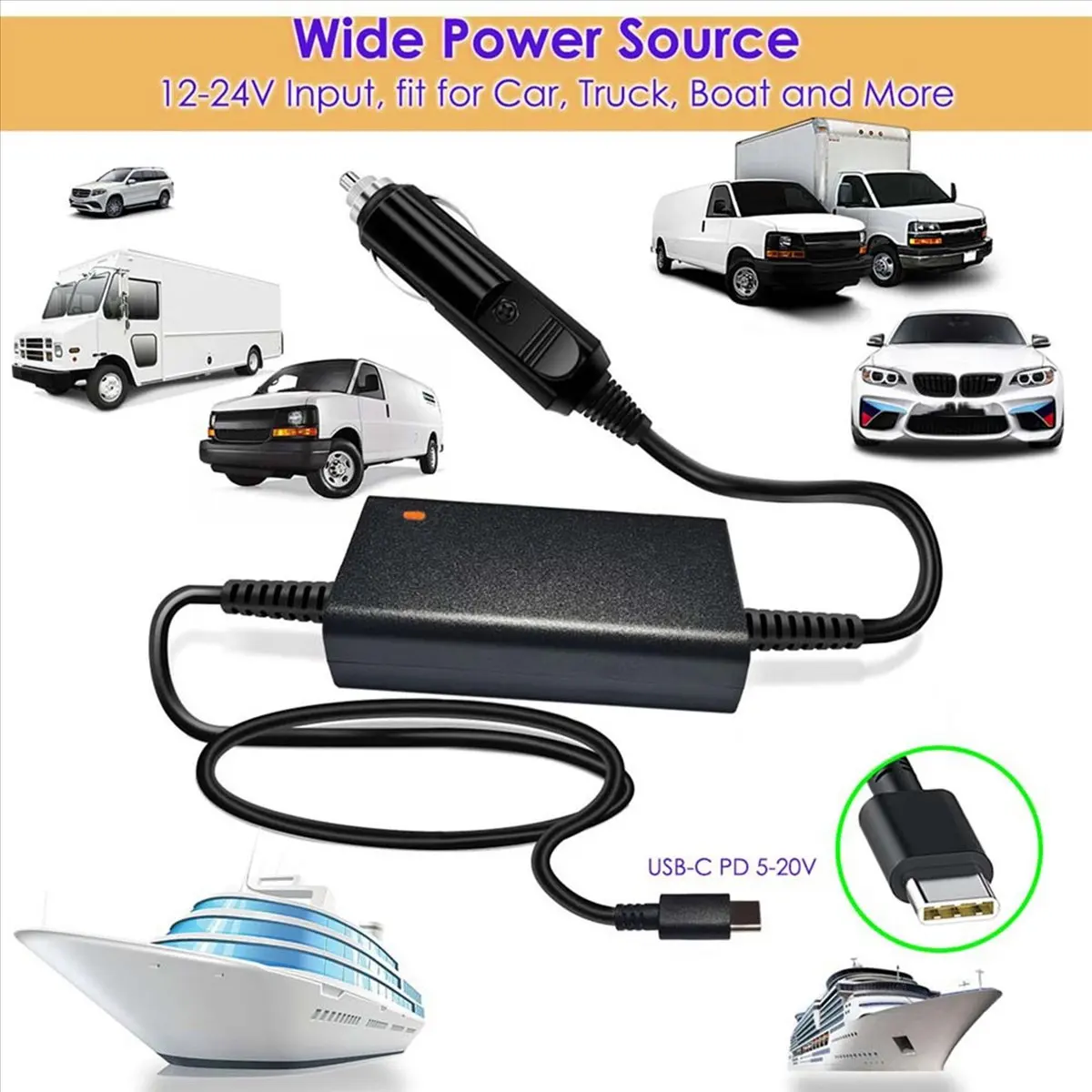 Portable 100W 12V-24V Universal Car Charger USB-C PD 5V 9V 12V 15V 3A 20V 5A for Book Laptops Tablets Smartphones