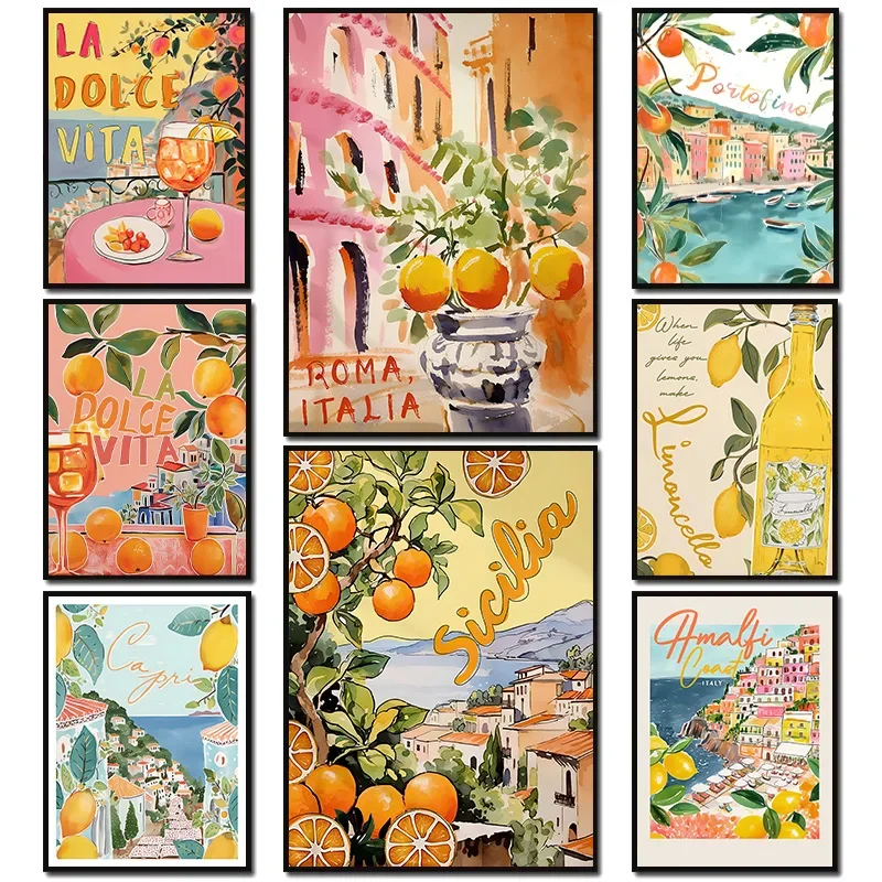 La Dolce Vita Lemon Fruit Colourful Art Poster Vintage Italy Santorini Fountain Landscape Home Bedroom Decorative Wall Art