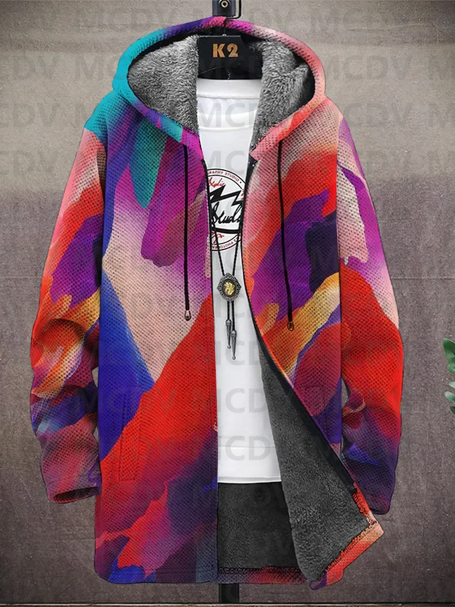 Men's Art Colorful Painting Print Hooded Two-Pocket Fleece Cardigan Jacket