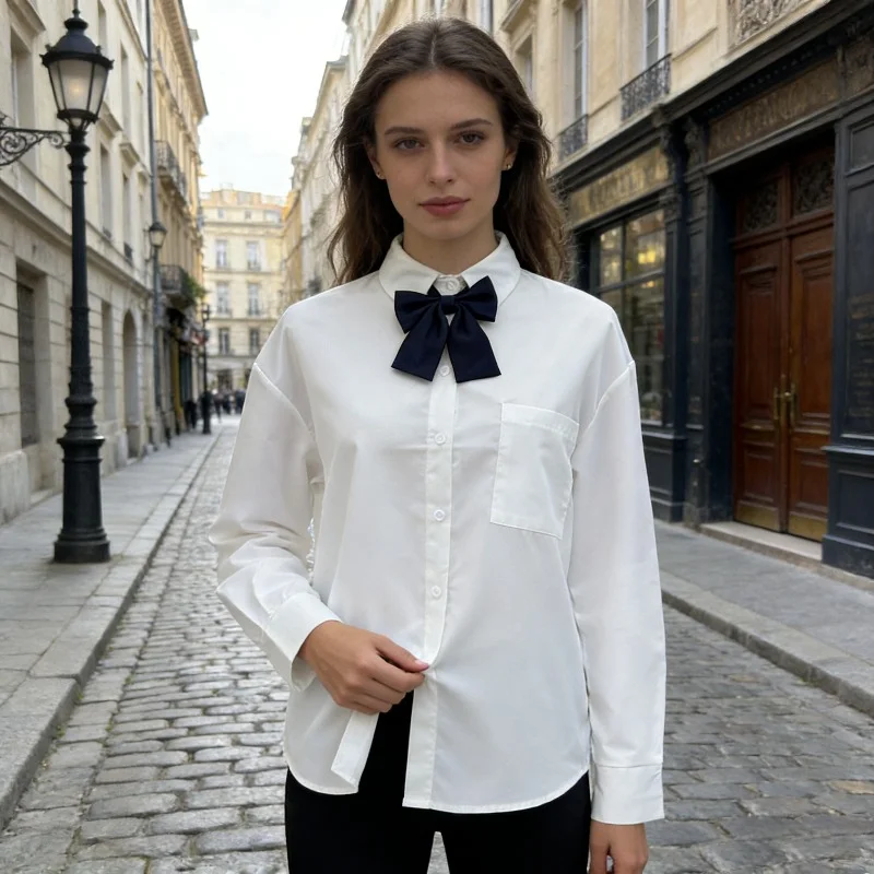 

E-BAIHUI Solid Color Women's Shirt Long Sleeved Single Pocket Front Open Button Down Shirts Commuting Woman Leisure Loose Top