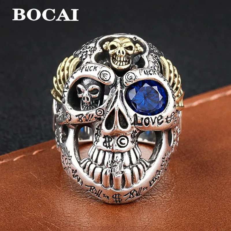 

BOCAI Real New Graffiti S925 Silver Domineering Motorcycle Rock Skull Head Ring for Men Fashionable and Personalized Jewelry