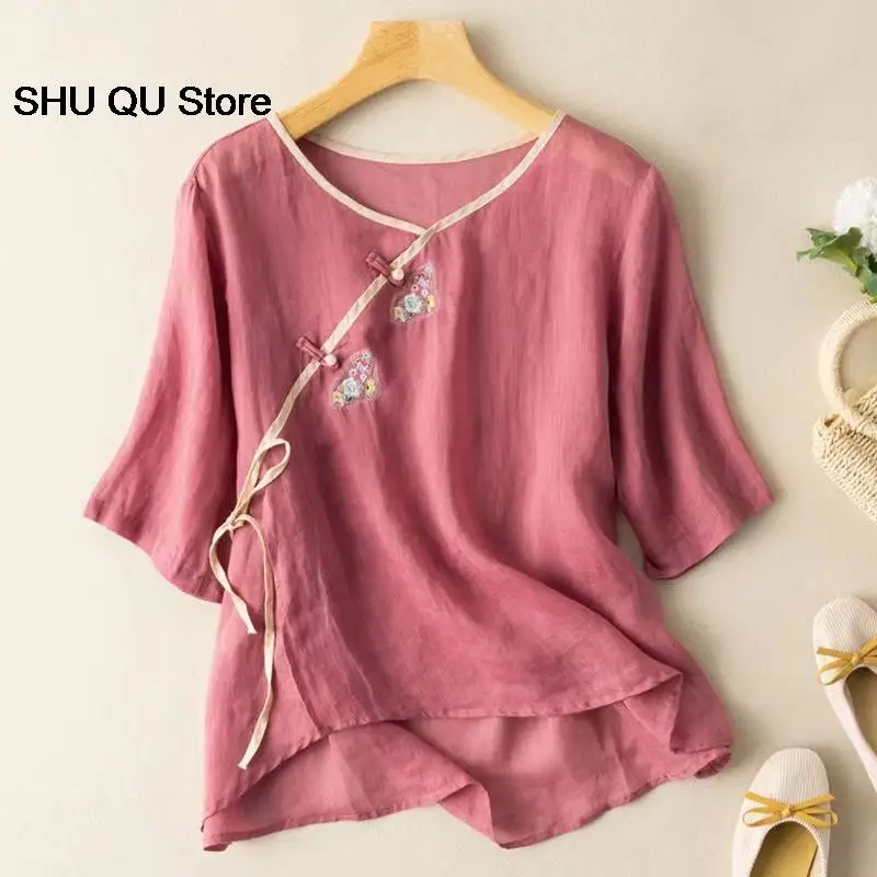 New Spring Summer Traditional Chinese Clothing Women Clothes  Short Sleeve Top Loose Hanfu Tang Suit Round Neck Literary T-shirt