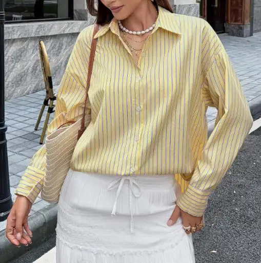 

Women Blouse 2026 Spring Autumn New Fashion Striped Turn-Down Collar Long Sleeve Loose Fit Casual Versatile Daily Shirt Top