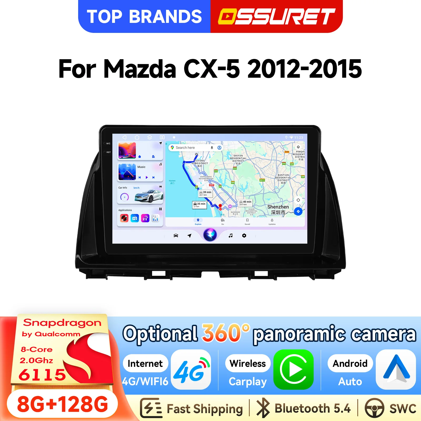 OSSURET Schnelle Lieferung 2 Din 10,1 Zoll Carplay GPS Android 15 Autoradio für Mazda CX-5 2012-2015 Autoradio DSP RDS Audio Radio Smart Radio AI Optional 360 °   Kamera SWC Headunit Bluetooth 4G WLAN
