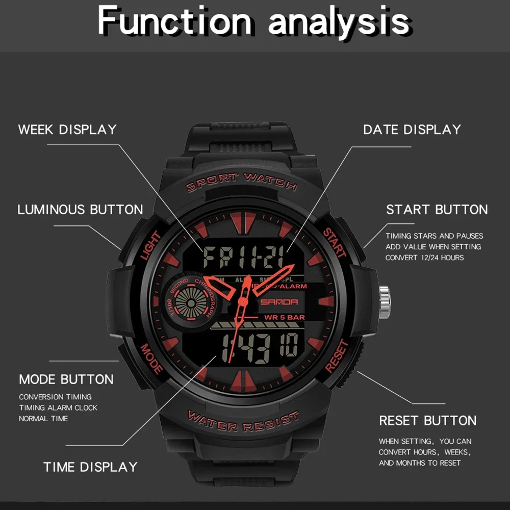 SANDA Watches For Men 50M Waterproof Clock Alarm reloj hombre Dual Display Wristwatch Quartz Military Watch Sport Mens Relogio