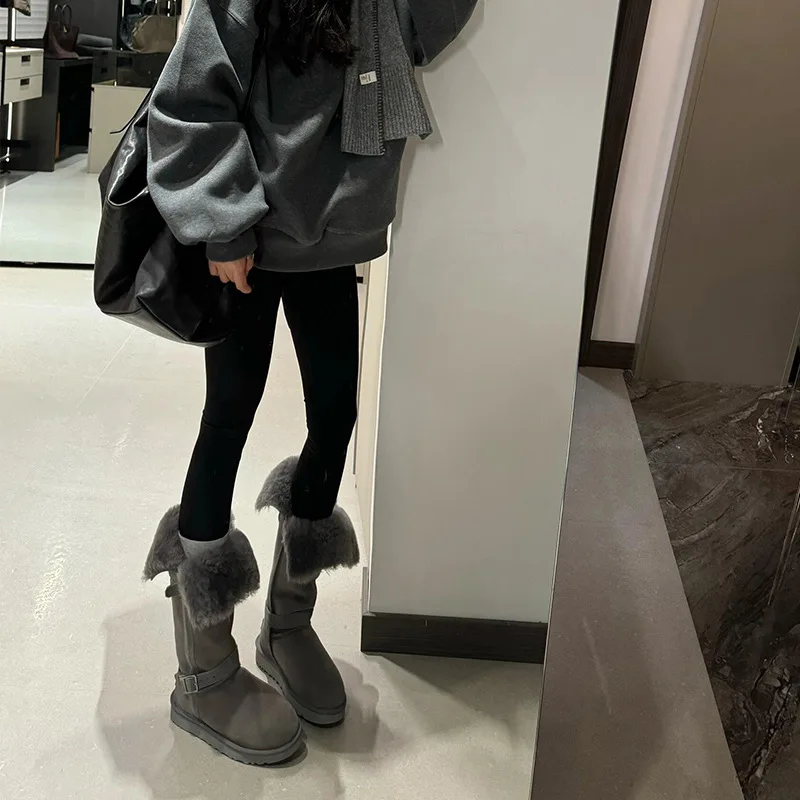 

Gray Fleece Lined Snow Boots Women's 2024 New Retro Mid-Calf Knee-High Knight Boots Korean Style round Toe Boots