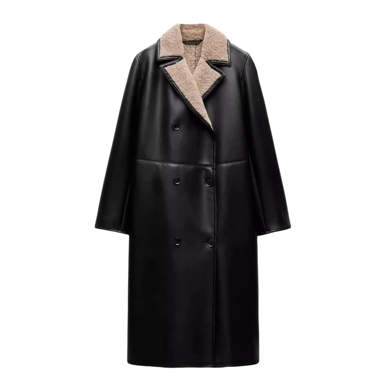 

Winter New Women's Double-breasted Long Sve Fce Lined Fake Leather Double-sided Coat Outerwear Straight Cut 2024