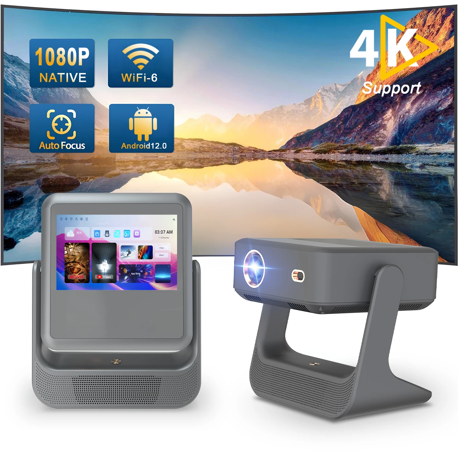 

Проектор, портативный проектор 4K 1080P Wi-Fi Bluetooth, HDMI/USB, домашний кинотеатр для ночного кино/игр/каараке-вечеринки