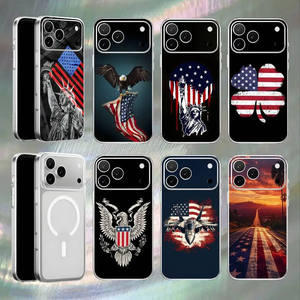America USA Flag Shockproof Transparent White Phone Case For iPhone 17,16,15,14,13,12,11,Pro,Max Magnetic Wireless Charging