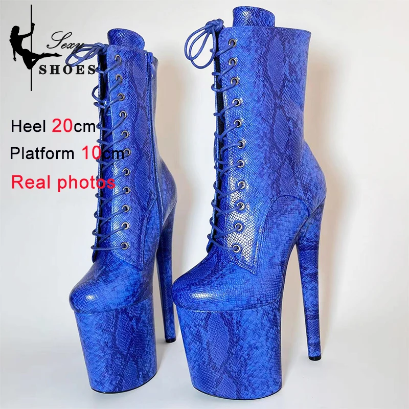 Super High Heel 20cm/8Inch Women Ankle Boots Snake Pattern Sexy Platform Strappy T-show Model Shoes Large Size Stripper Heels