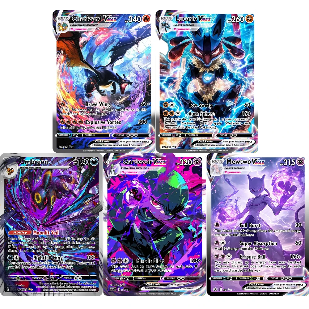 PKM Card Vmax Set Charizard/Lucario/ Mewtwo Top High Quality Pokemon Custom Cards Collectible Anime Game Card with Holographic