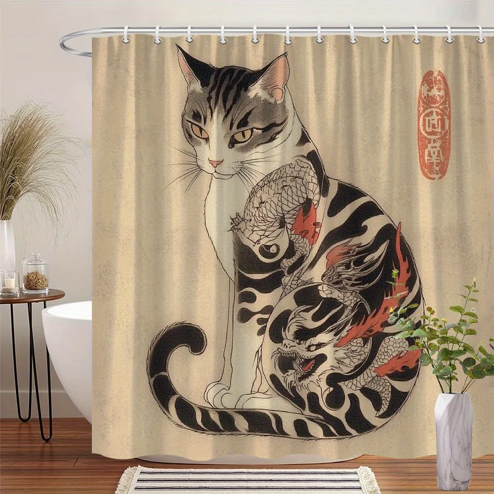 Traditional Japanese Cat with Dragon Tattoo Shower Curtain, Oriental Art Bath for Bathroom, Ink Style Design, Waterproof Fabric