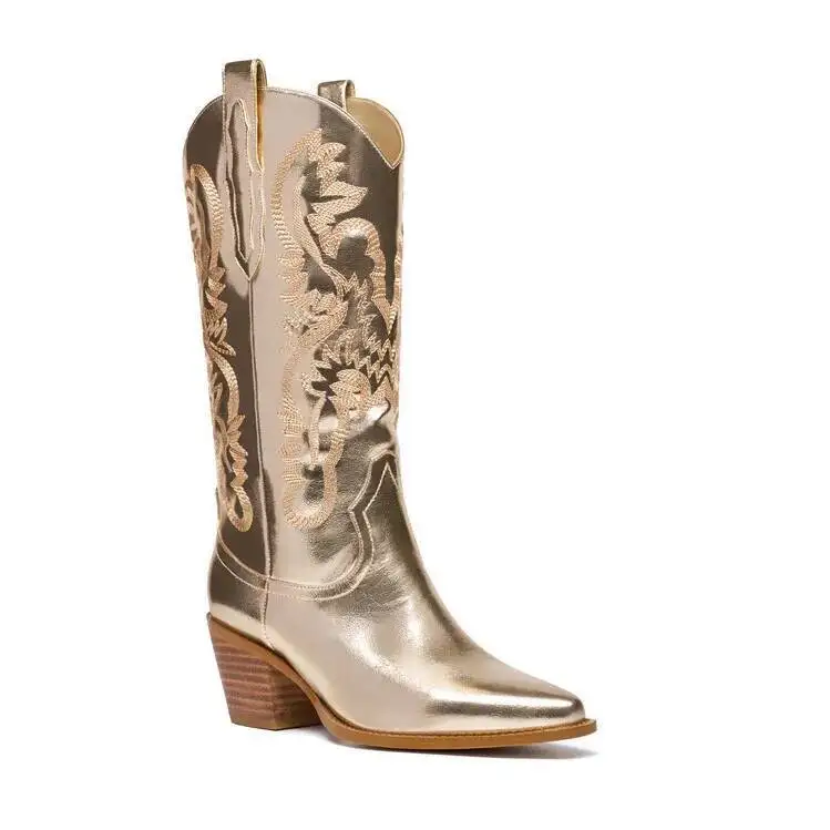 

Golden Embroidered Women's Western Cowboy Boots Chunky Heels Mid Calf Boots Shoes
