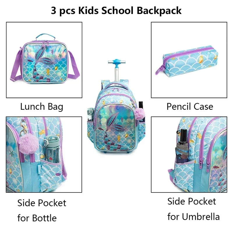 Children's Rolling Backpack Set Wheeled Schoolbag Kids Backpack with Insulated Lunch Bag and Pencil Case for Boys and Girls