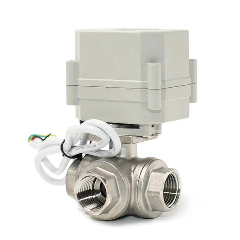 3-Way DN8/DN10/DN15 صمام كروي من الفولاذ المقاوم للصدأ بمحرك تحكم كهربائي 9-24VAC/DC أو 110-230VAC صمام تشغيل/إيقاف إرجاع تلقائي