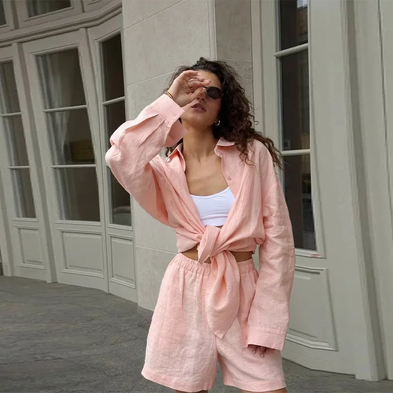

2026 Spring/Summer New Women Solid Cozy Lapel Single Breasted Shirt Elastic Waist Wide Leg Pant Loose Outfit Casual Pants Suit
