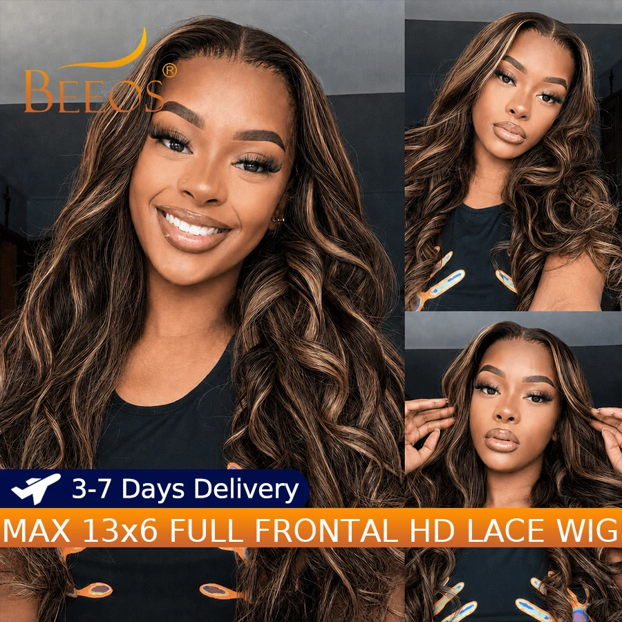 250% Ultra Fitted Chocolate Brown Highlight 13x6 HD Transparent Lace Frontal Human Hair Wigs Body Wave Deep Part Melt Skins Remy