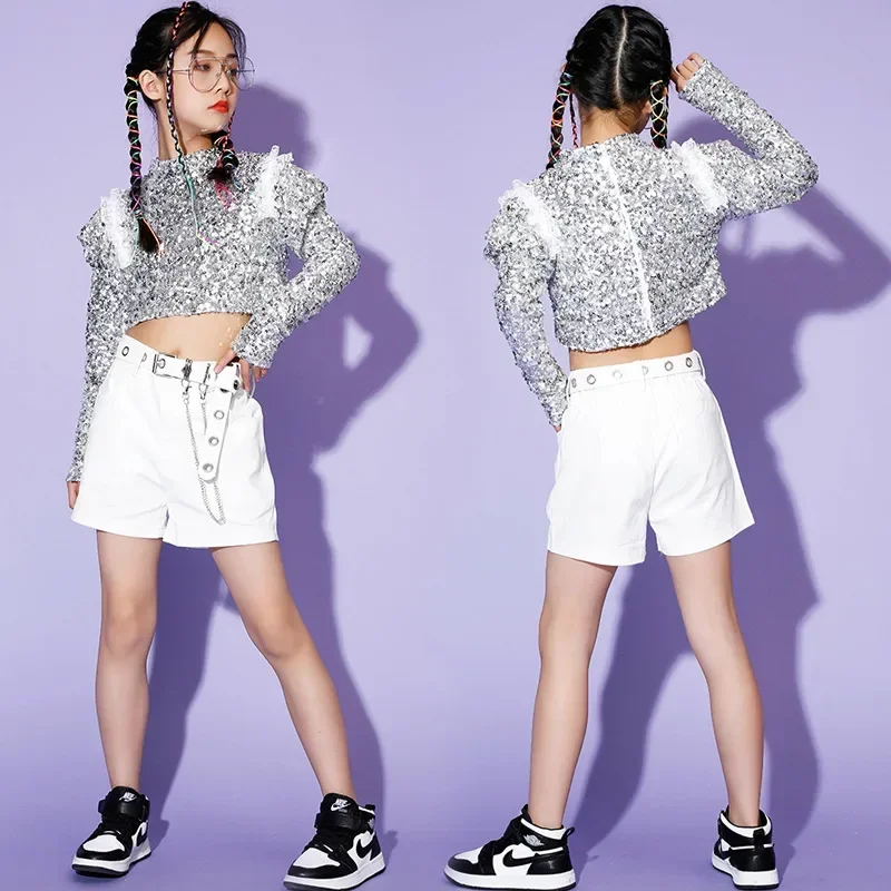 Hip Hop Girls K-pop Sequin Crop Top Street Dance Shorts Kids Silver Sweatshirt 2 Pcs Clothes Sets Children Jazz Stage Costumes