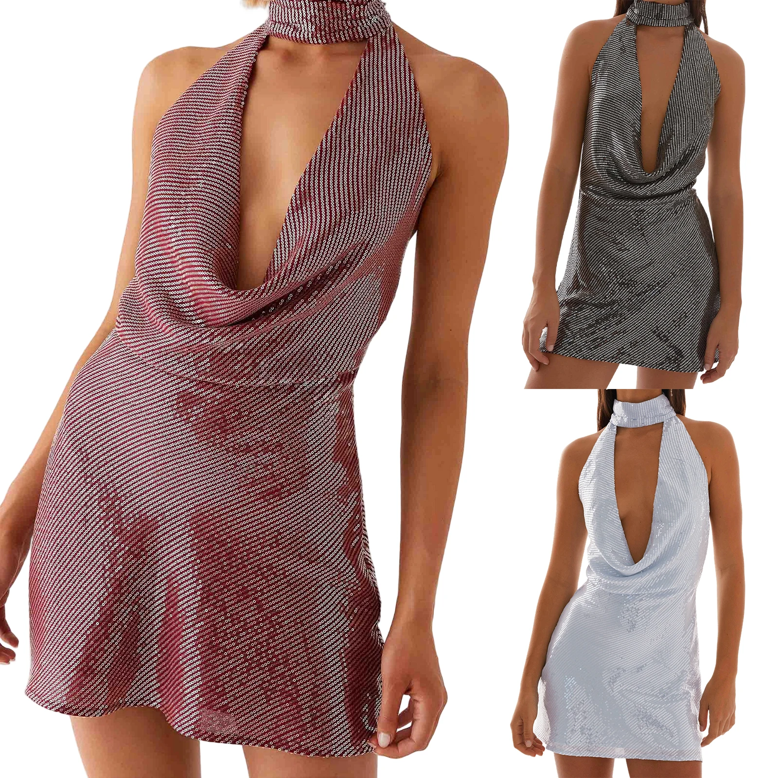 Damen-Kleid mit Pailletten, Neckholder, ärmellos, einfarbig, drapiert vorne, figurbetontes Minikleid, kurzes Partykleid