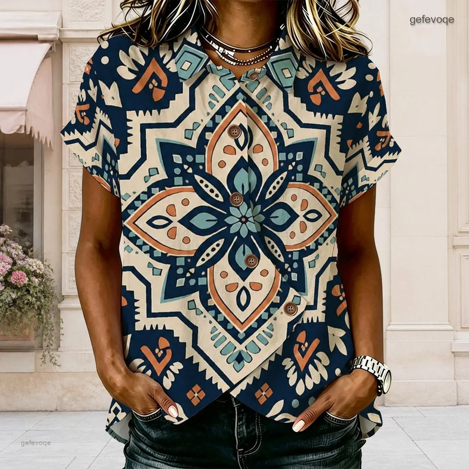 Women Collared Short Sleeve Shirt, Printed Blue Green Teal Botanical Floral Abstract Pattern Button Front Asymmetric Hem Top