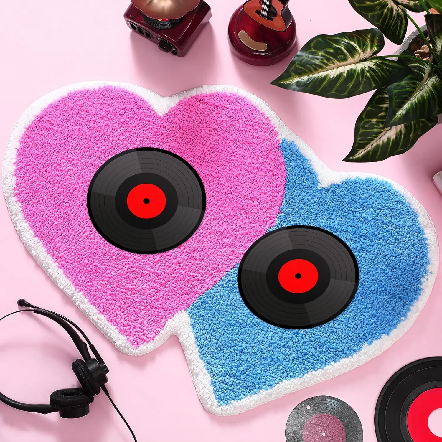 VIKAMA Blue Pink Heart Print Floor Mat, Non-Slip And Dirt-Proof, For Entrance, Valentine's Day Party, Bathroom Home Decor Carpet
