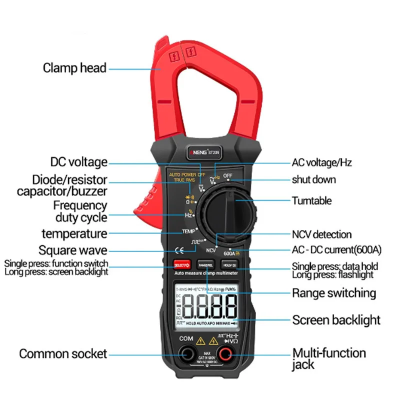 Imagem -03 - Multímetro Digital Profissional Grampo de Corrente Medidores Tester Voltímetro Alcance Automático True Rms dc ac 6000 Contagens Aneng-st209