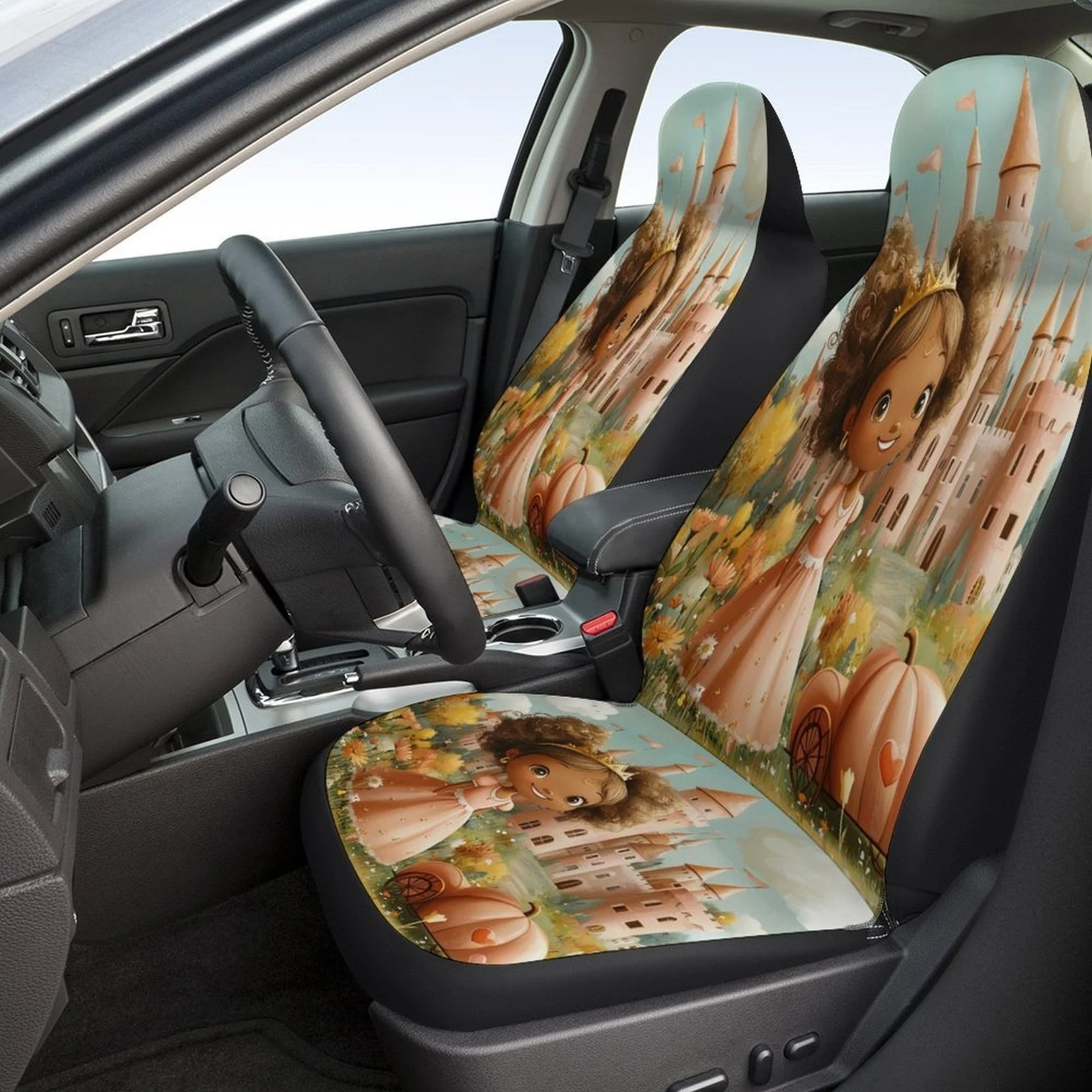Set Of Car Seat Covers Featuring A Pumpkin Dream Castle Theme, Suitable For A Variety Of Vehicles. These Stylish Novelty Covers