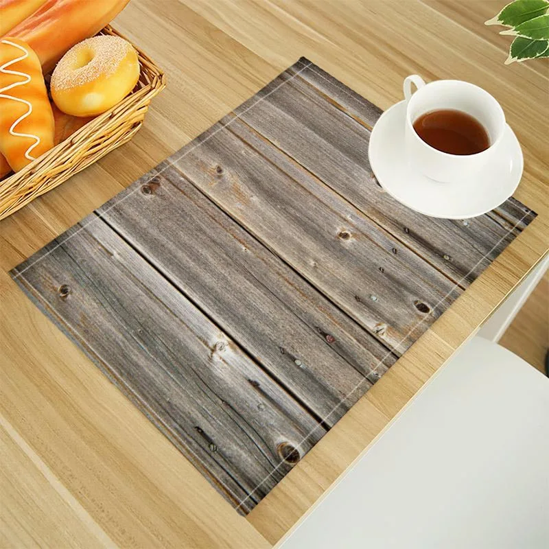 Wood Print Linen Dining Table Mats Alphabet Kitchen Placemat 30X40cm Coasters Pads Bowl Cup Mat