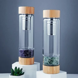 Natural Crystal Crushed Stone Energy Tea Cup Glass Bottle withBamboo Lid Spa Wellness Healing Drinkware for Mind Body Relaxation