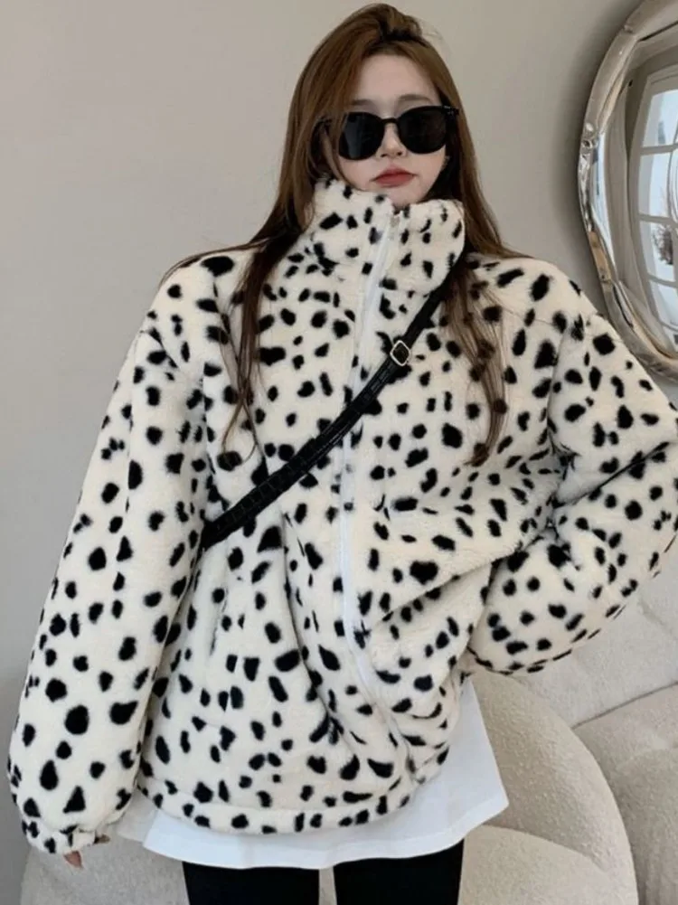 Faux Fur Leopard Pattern Fur Coat For Women Loose Thickened Padded Coat Chic Winter Faux Rabbit Fur Warm Trendy Coat Top