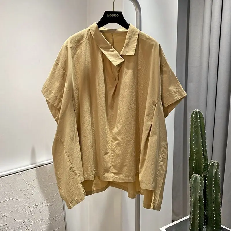 Oversized T-shirts Women Casual Vintage Loose T Shirt Irregular Diagonal Collar Short Sleeved Tops  Trend Thin Tshirt YY40